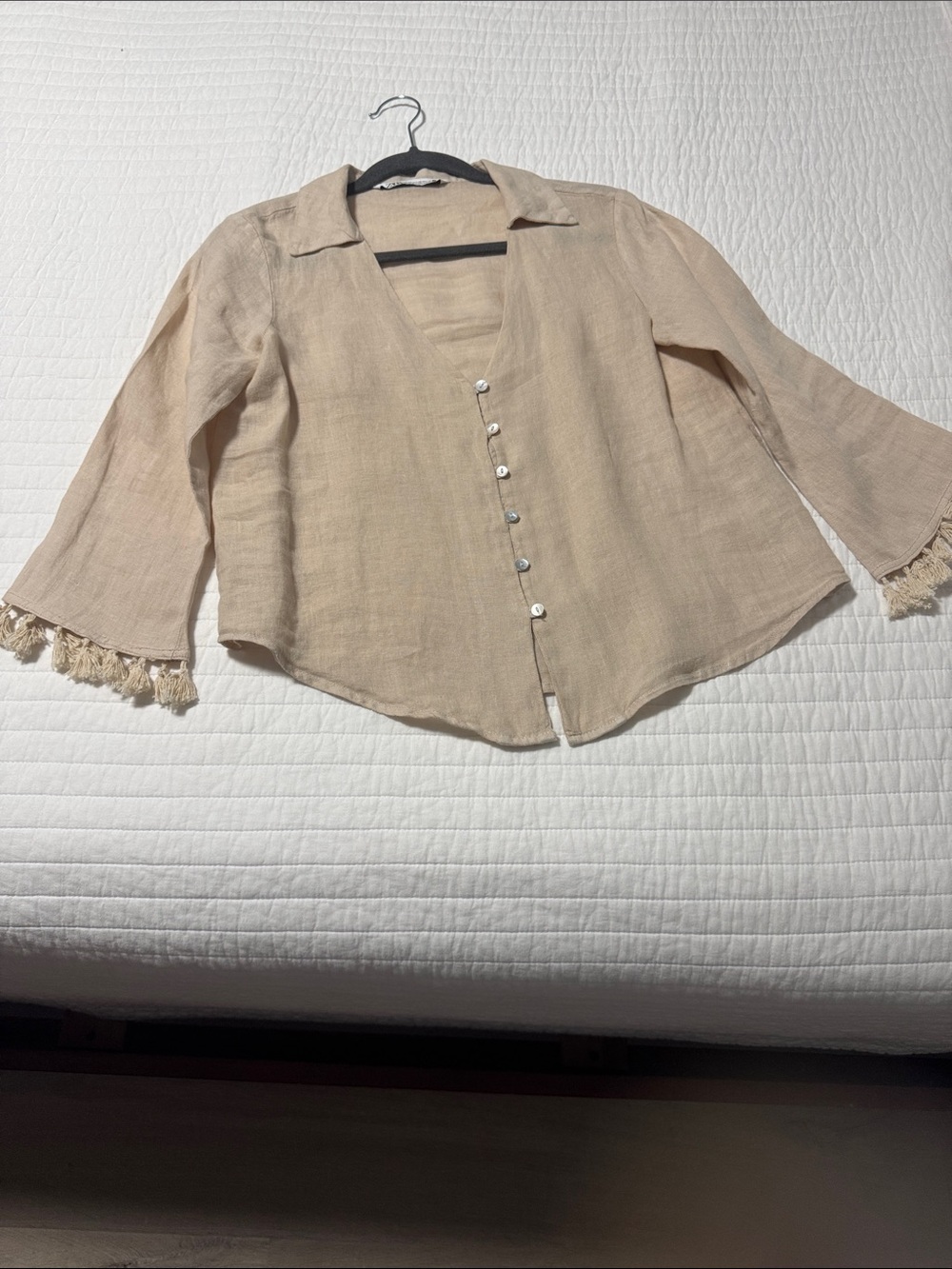 Zara Beige Button-Front Blouse with Tassel Cuffs